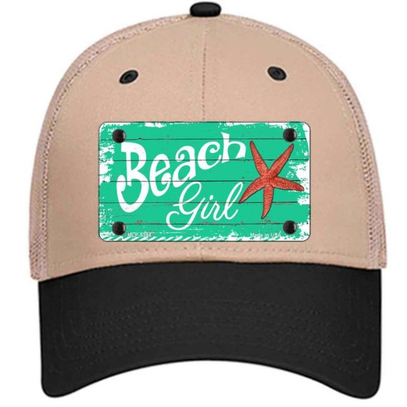 Beach Girl with Starfish Metal on Trucker Mesh Snapback Hat - Khaki - Picture 1 of 2